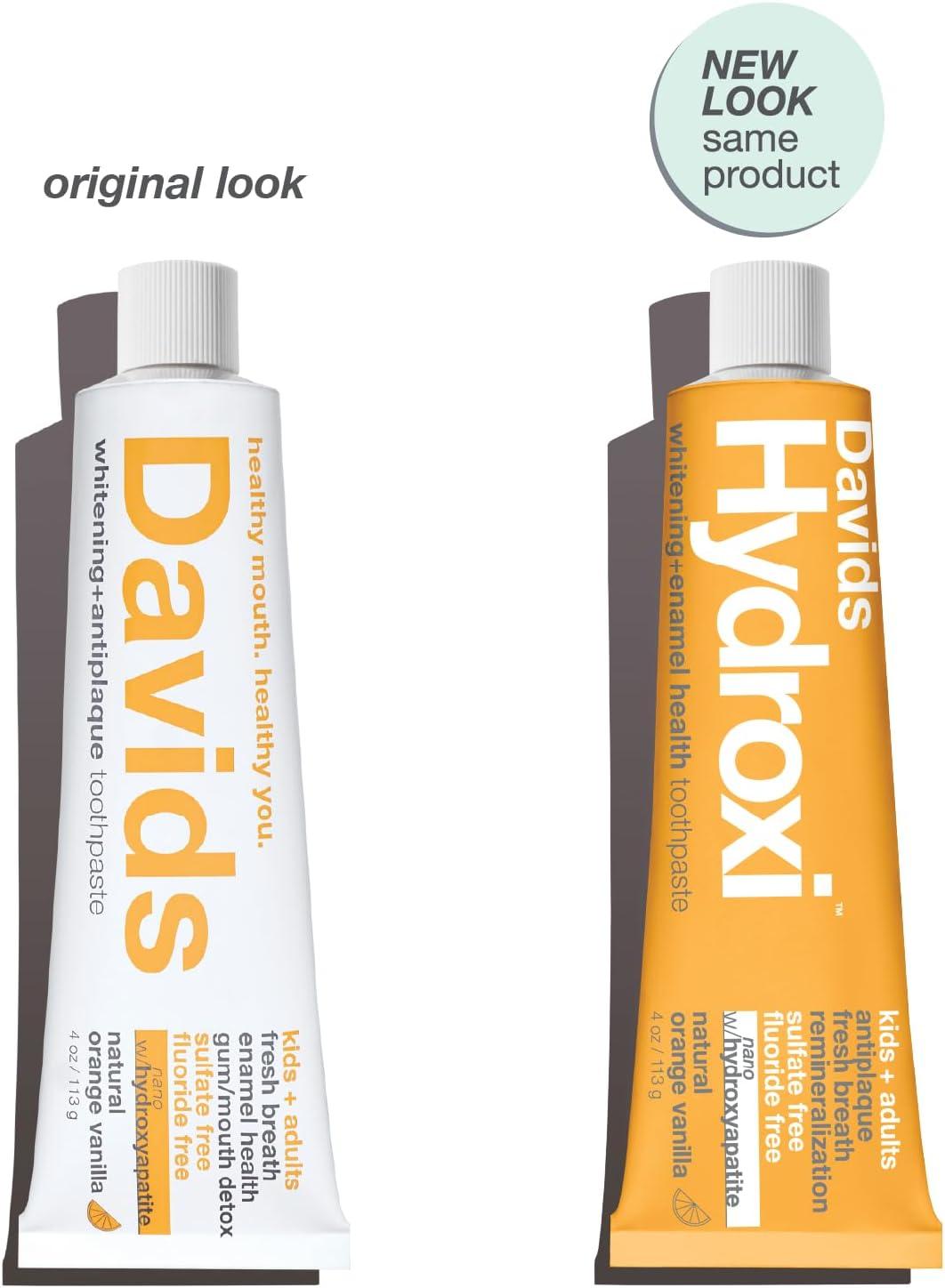 image:imageDavids Hydroxi Fluoride Free Nano Hydroxyapatite Toothpaste for Remineralizing Sensitive Support Whitening Antiplaque SLS Free Natural Peppermint 525oz Made in USA 3 Pack6 Orange Vanilla