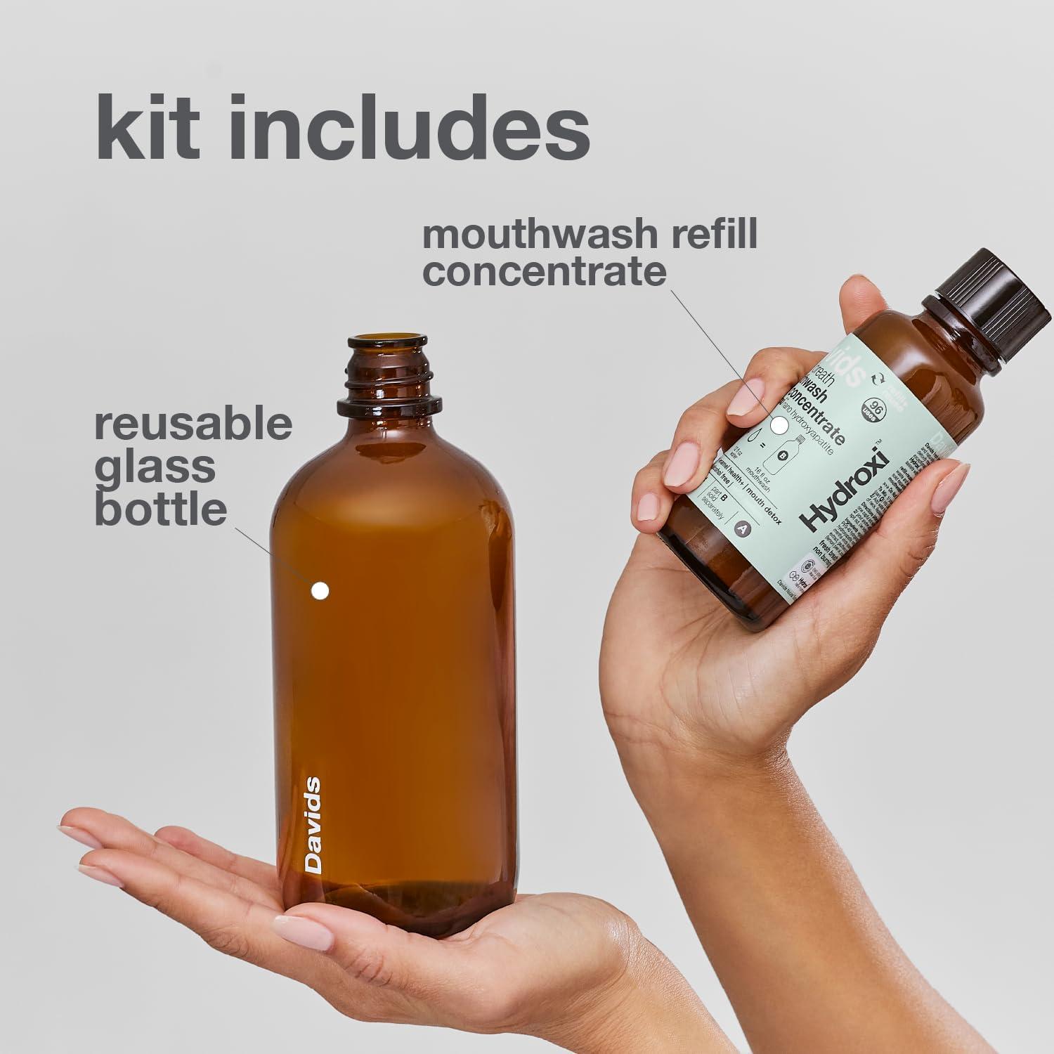 image:imageDavids Hydroxi Fresh Breath Mouthwash Starter Kit AlcoholFree FluorideFree NanoHydroxyapatite for Remineralizing amp Enamel Health Relieves Dry Mouth Fresh Mint 16 fl ozNanohydroxyapatite Starter Kit