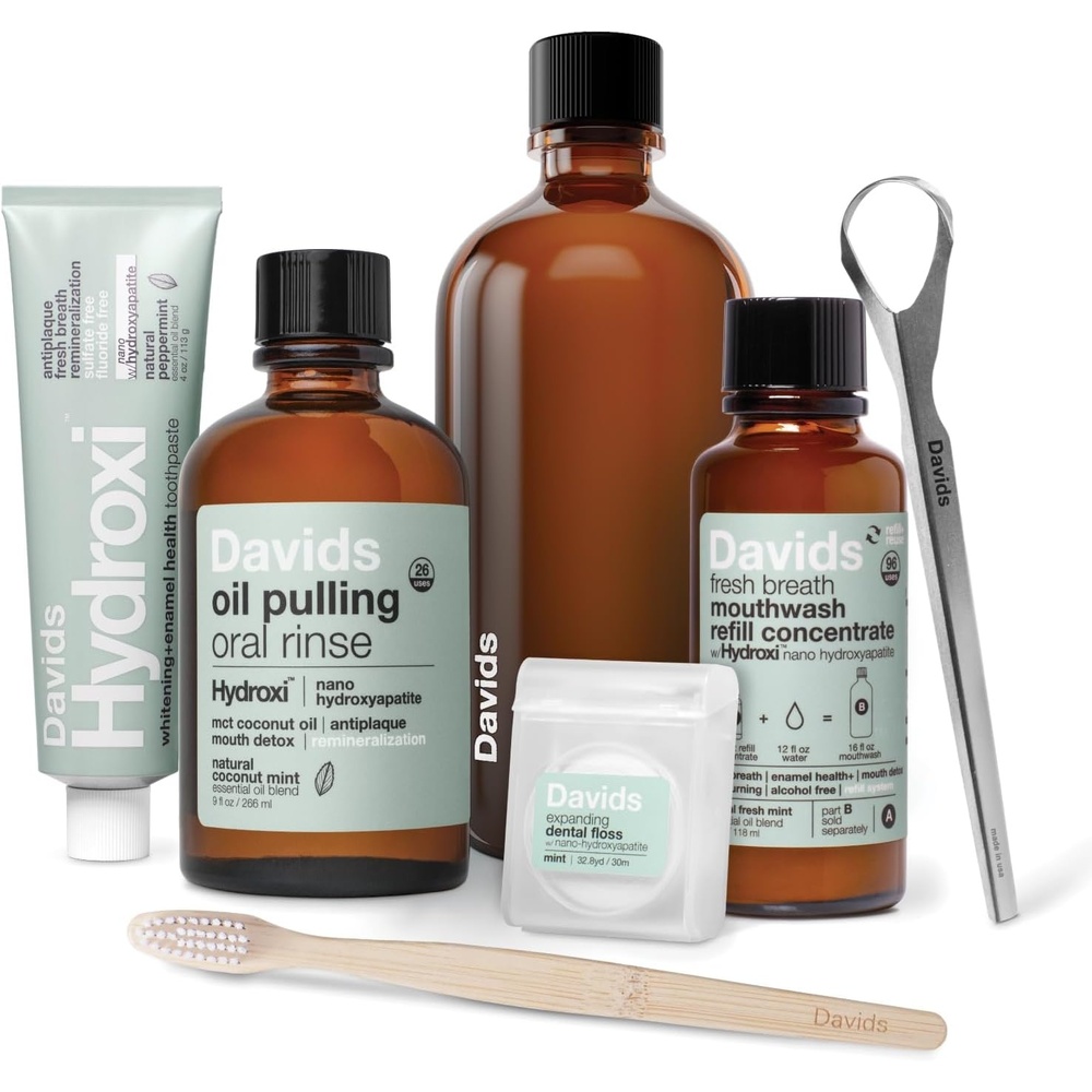 image:imageDavids Oral Care Routine Kit Includes 4oz Nano Hydroxyapatite Toothpaste Bamboo Toothbrush Expanding FlossRefill 16oz Hydroxi Mouthwash 9oz Oil Pulling Stainless Tongue Scraper